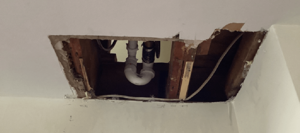 Ceiling Water Damage From Second Floor Broken Plumbing
